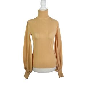 Vintage 70s Tami Mustard Yellow Rib Knit Balloon Sleeve Turtleneck Sweater L